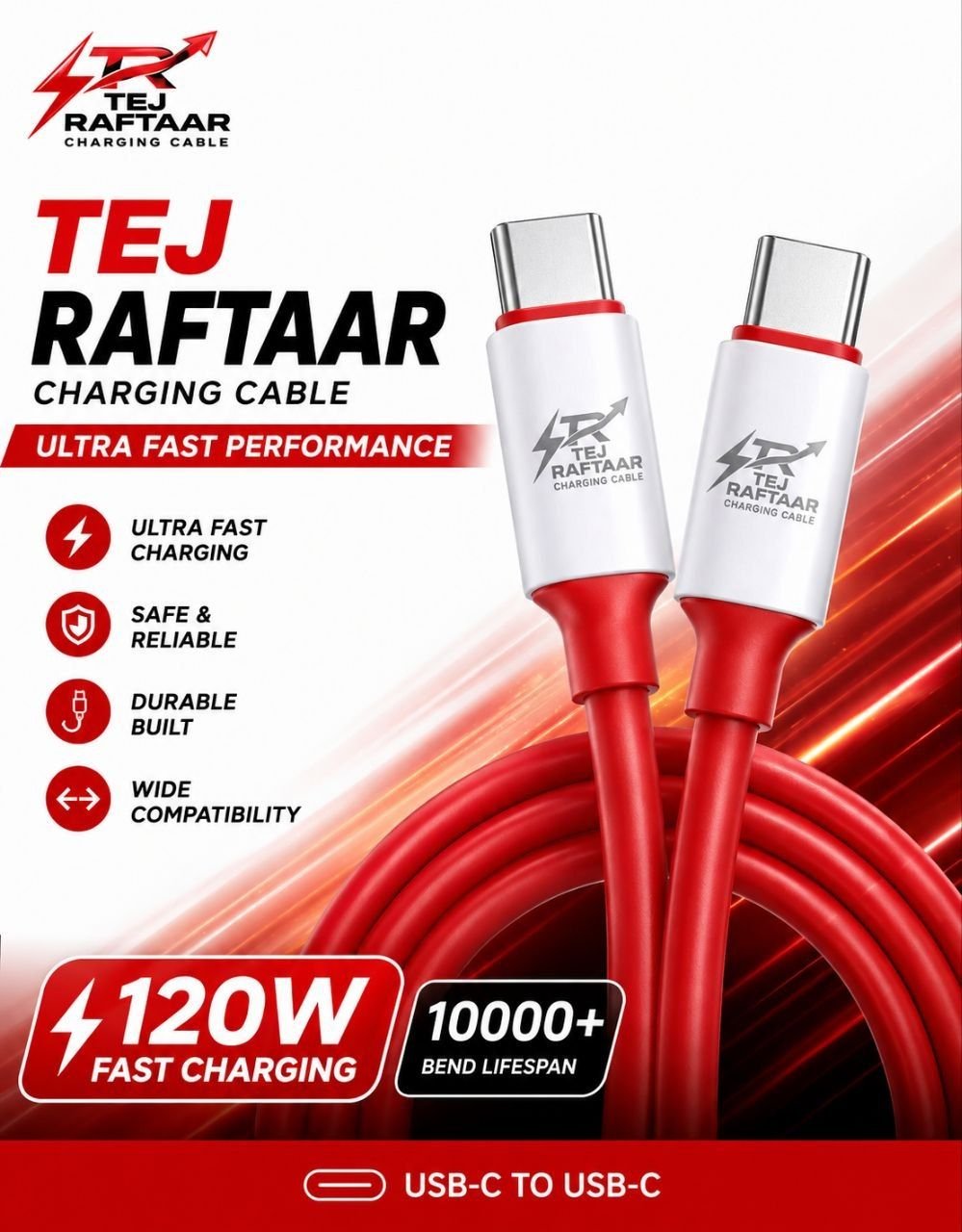 Tej Raftaar USB Type-C to Type-C Ultra Fast Performance Charging Cable 6 A 1 m (Compatible with Mobile, Laptop, Tablet, 120 W)
