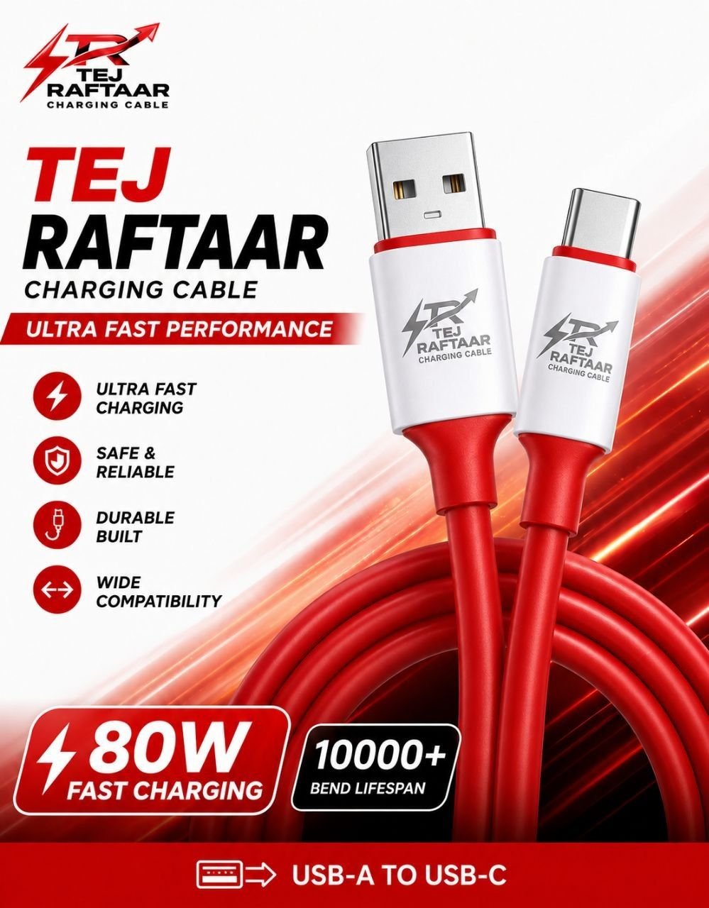 Tej Raftaar USB Type A to Type C Ultra Fast Performance Charging Cable 6 A 1 m (Compatible with Mobile, Laptop, Tablet, 80 W)