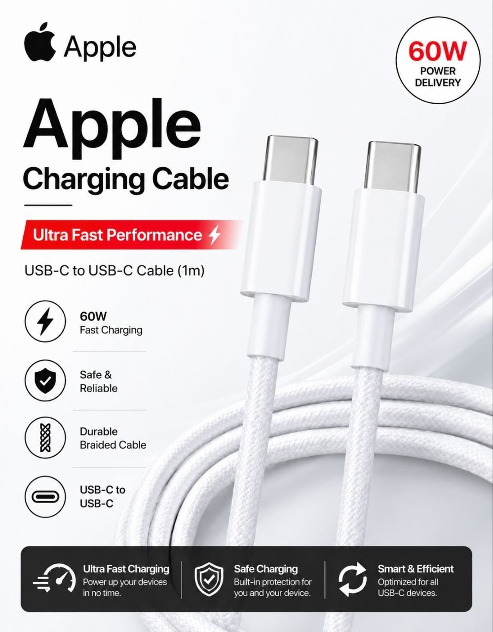 Apple USB Type C To USB Type C Cable 1 m MW493ZM/A (Compatible with Mobile, Tablet, White, One Cable, 60 W)